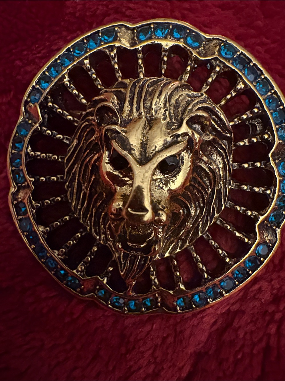 Gold Lion Head Brooch with Blue Rhinestones